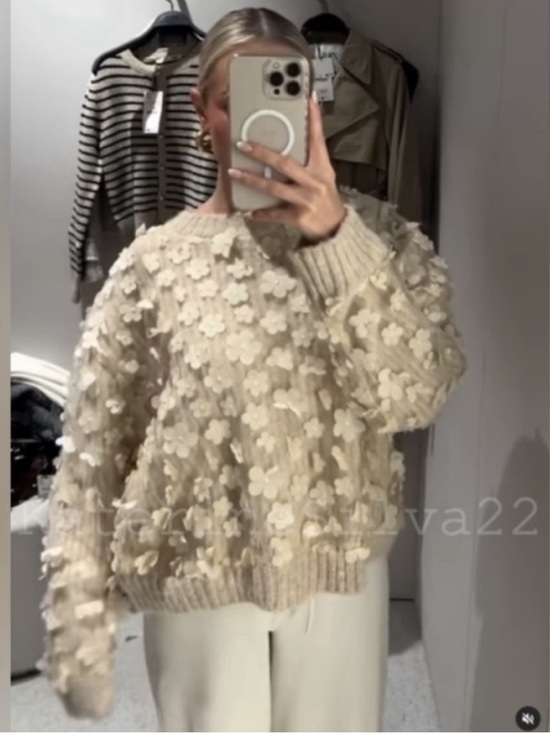 Zara Sweaters - Zara Beige Floral Textured Women's Sweater